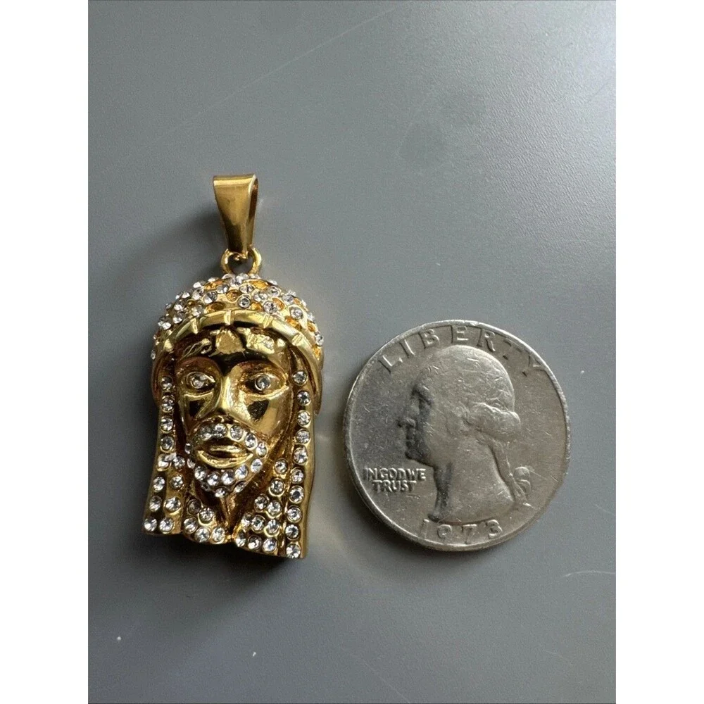 Jesus Christ Head Face Pendant Gold Plated Cubic Zirconia Stainless Steel 24”